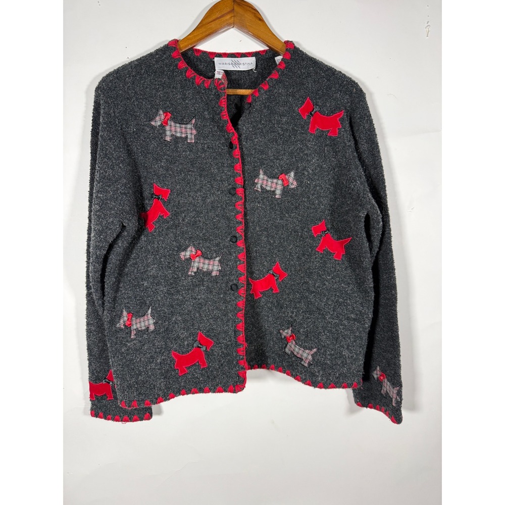 Marisa Christina Vintage Christmas 2000 Scottie Dog Cardigan Sweater Gray Red M